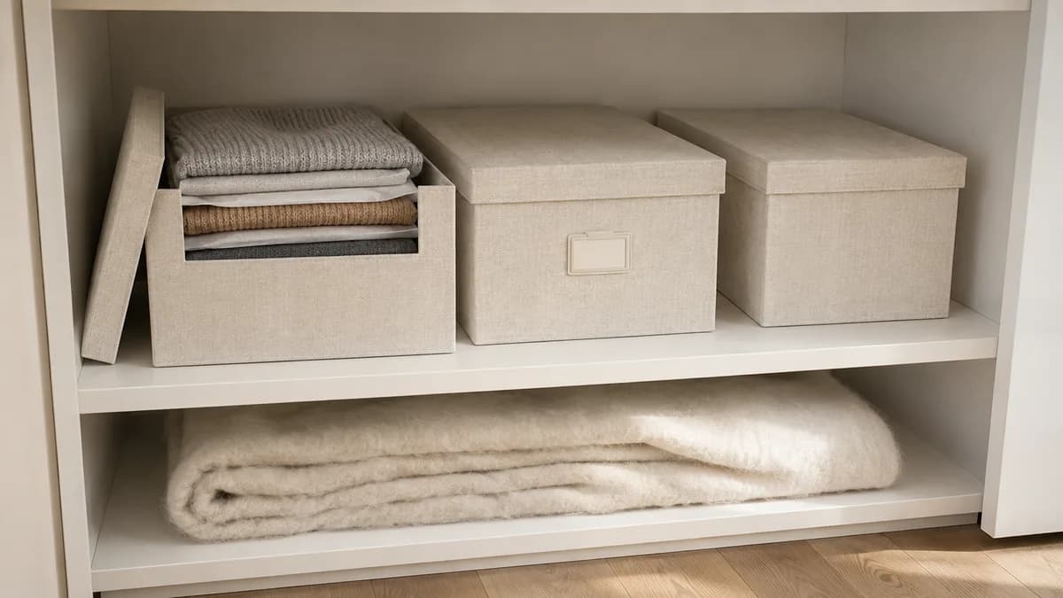 Fabric storage boxes holding folded winter knitwear on the upper shelf of a built-in wardrobe