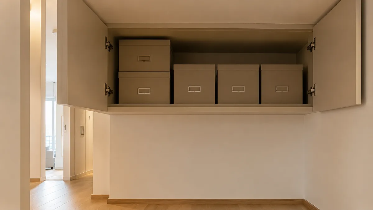 Overhead hallway cabinet with matching rigid storage boxes stacked inside, each with an empty tag holder