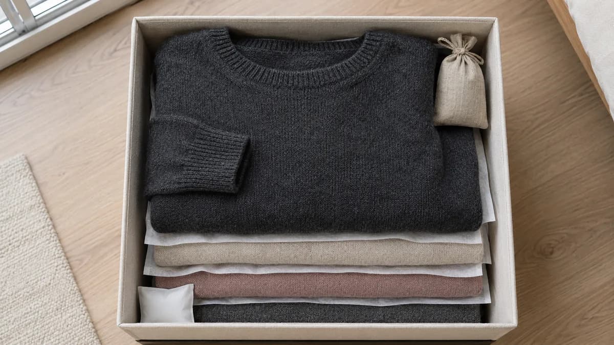 Wool knitwear folded and separated by fabric sheets inside a rigid box lined with cotton