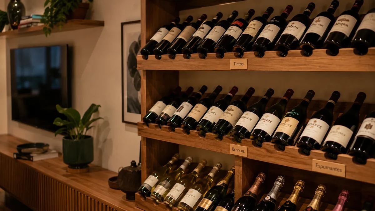 Adega de vinhos doméstica organizada por tipo e safra com etiquetas e sistema de zonas
