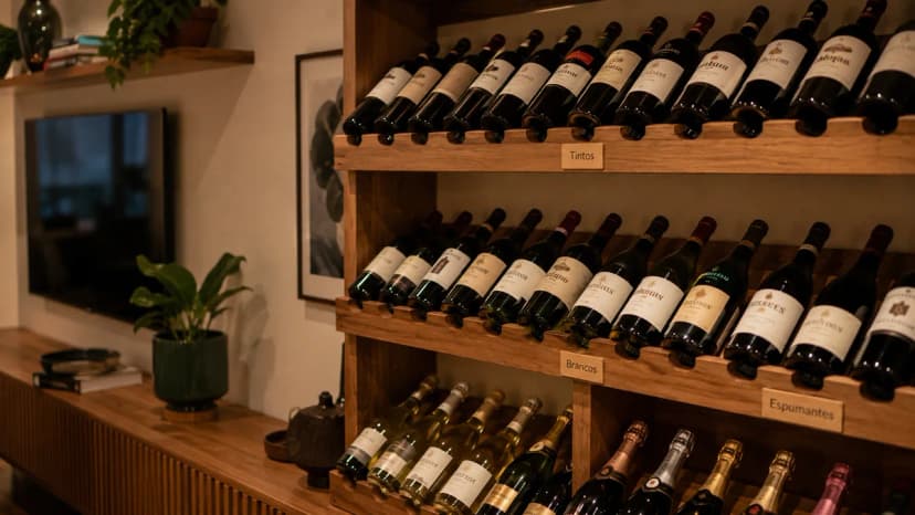 Adega de vinhos doméstica organizada por tipo e safra com etiquetas e sistema de zonas