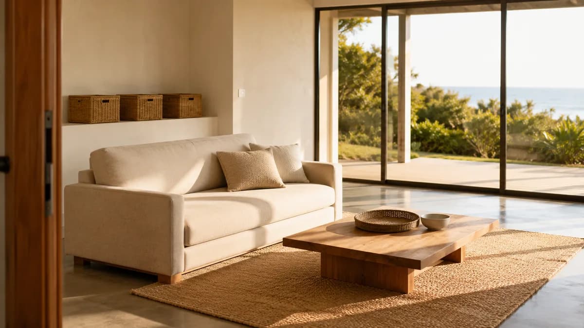 Organized beach house living room with natural light, pale linen sofa and clear surfaces