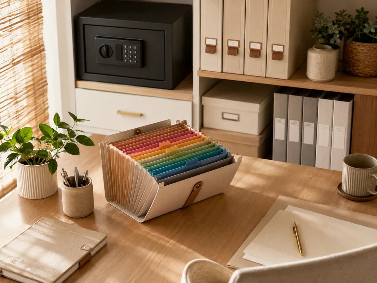 Sistema de organização de documentos com pastas coloridas etiquetadas por categoria