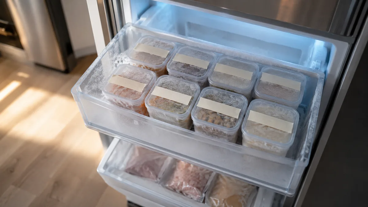 Freezer with containers labelled by name and date, arranged in drawers by how soon they must be eaten