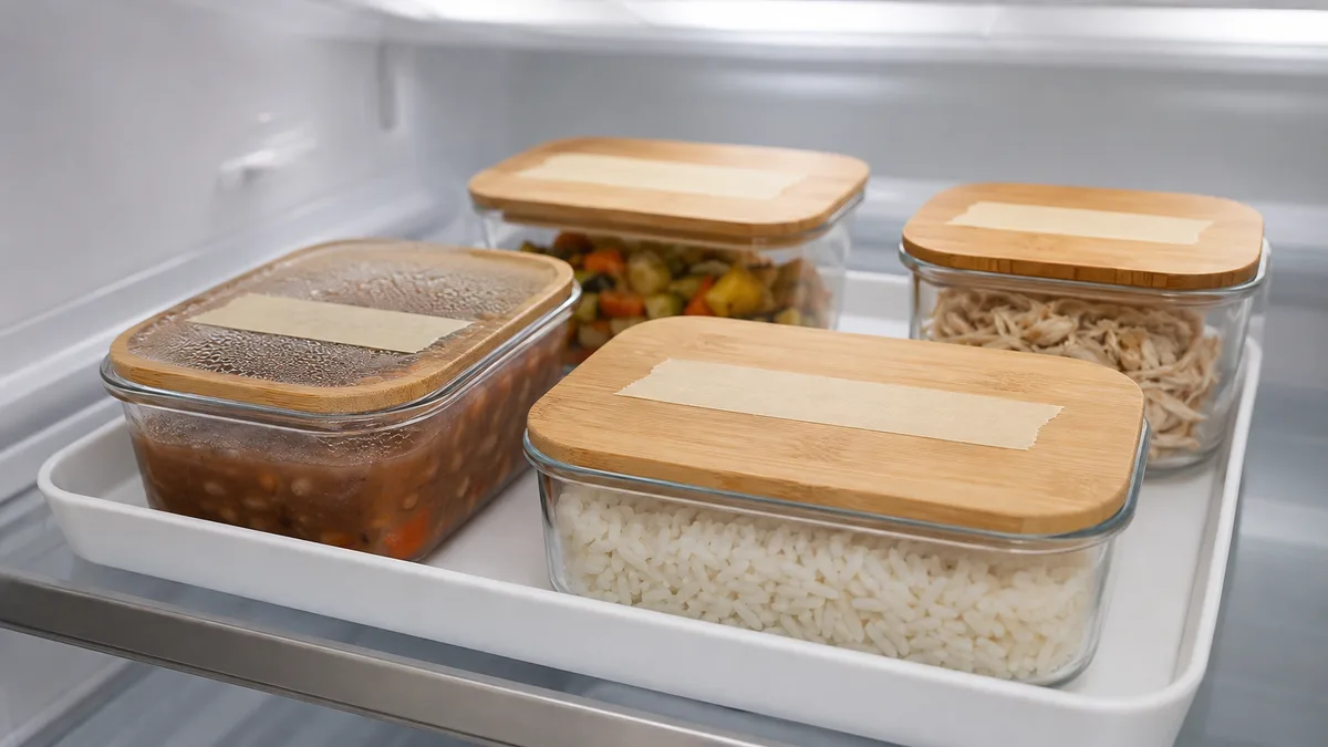 Tray of clear labelled leftover containers on the top shelf of a refrigerator