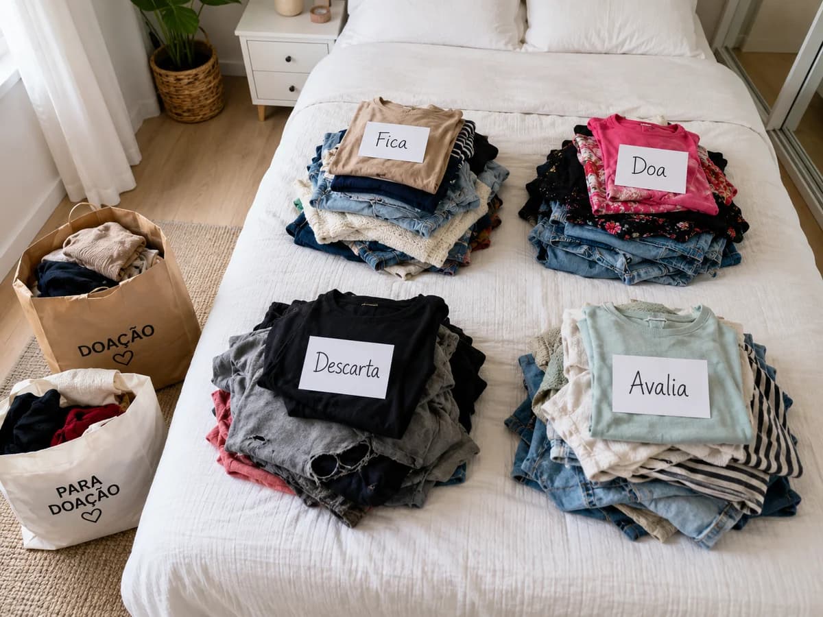 Guarda-roupa pequeno organizado com dobra vertical nas gavetas e cabideiro por categoria