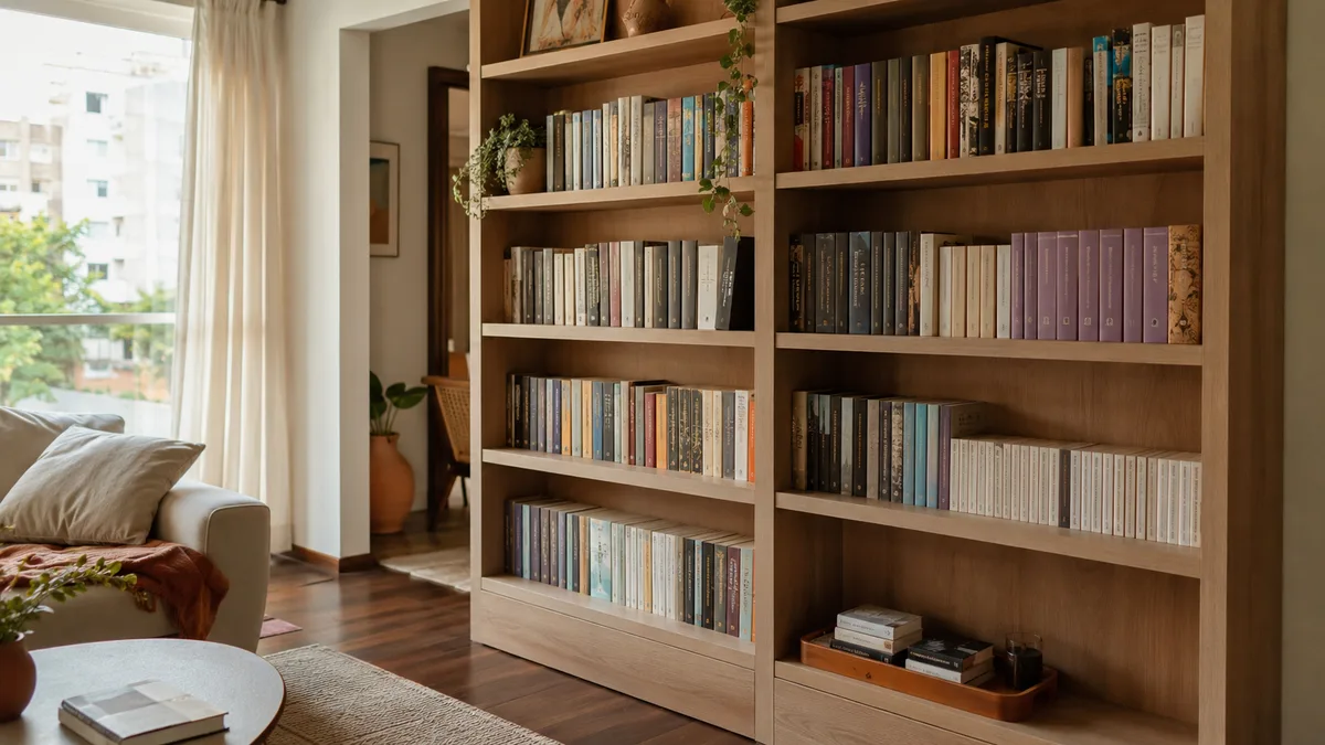 Biblioteca doméstica organizada em sala de apartamento com sistema por zona e espaço entre os livros