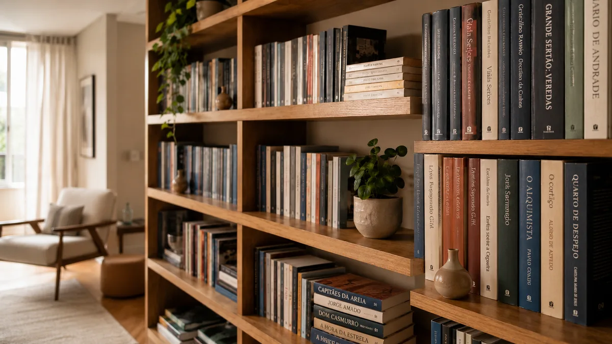 Estante de livros organizada por zonas com respiro entre os volumes