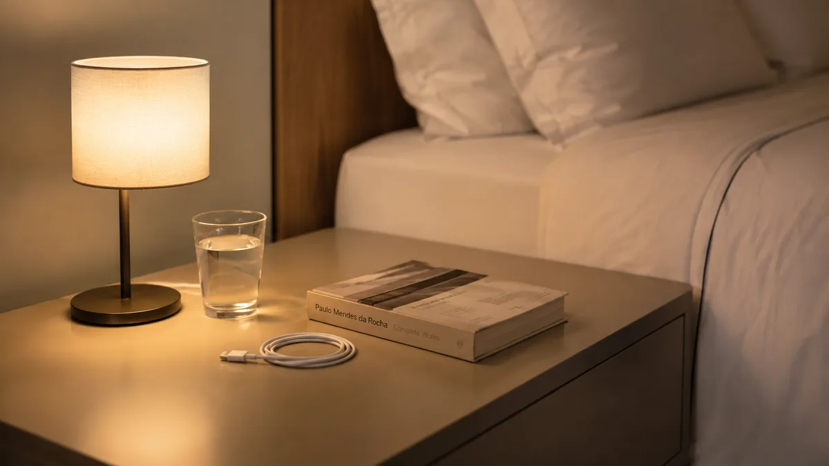 Mesa de cabeceira de quarto de casal organizada com apenas os itens essenciais: abajur, livro, copo de água e objetos pessoais mínimos