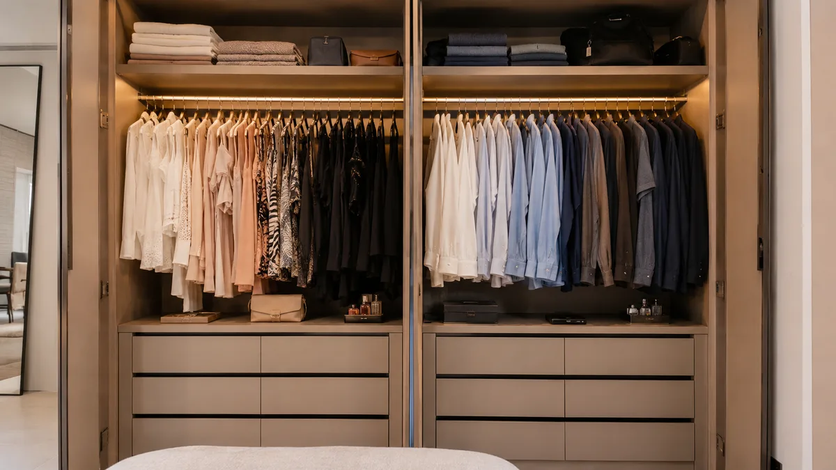 Interior de guarda-roupa de casal dividido, com barra de cabide de cada lado, prateleiras e gavetas organizadas por pessoa