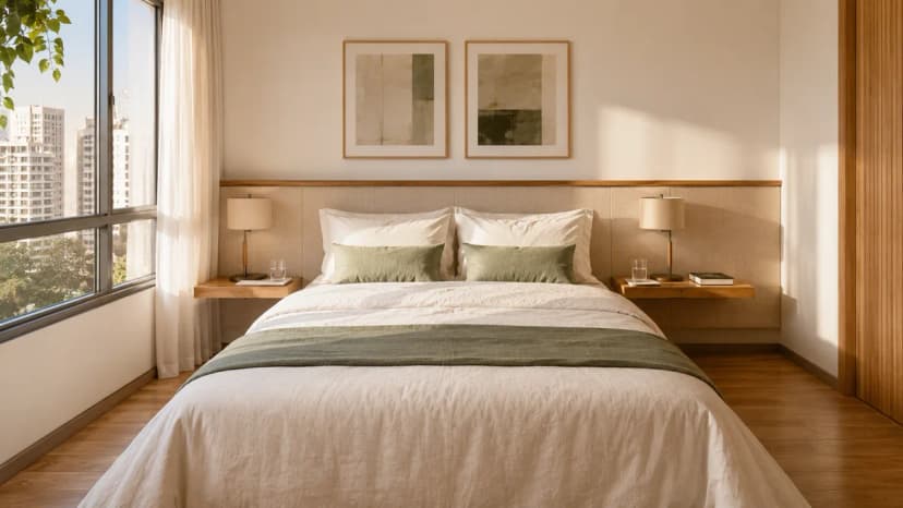 Quarto de casal organizado com ambos os lados da cama simétricos e zonas bem definidas