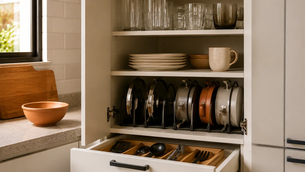 Cozinha de apartamento com utensílios de enxoval organizados por zona de uso em armários e gavetas