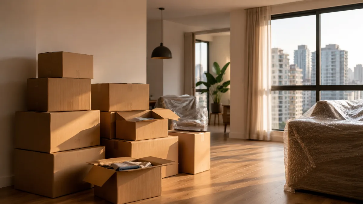 Apartamento em São Paulo no dia da mudança, com caixas organizadas por ambiente