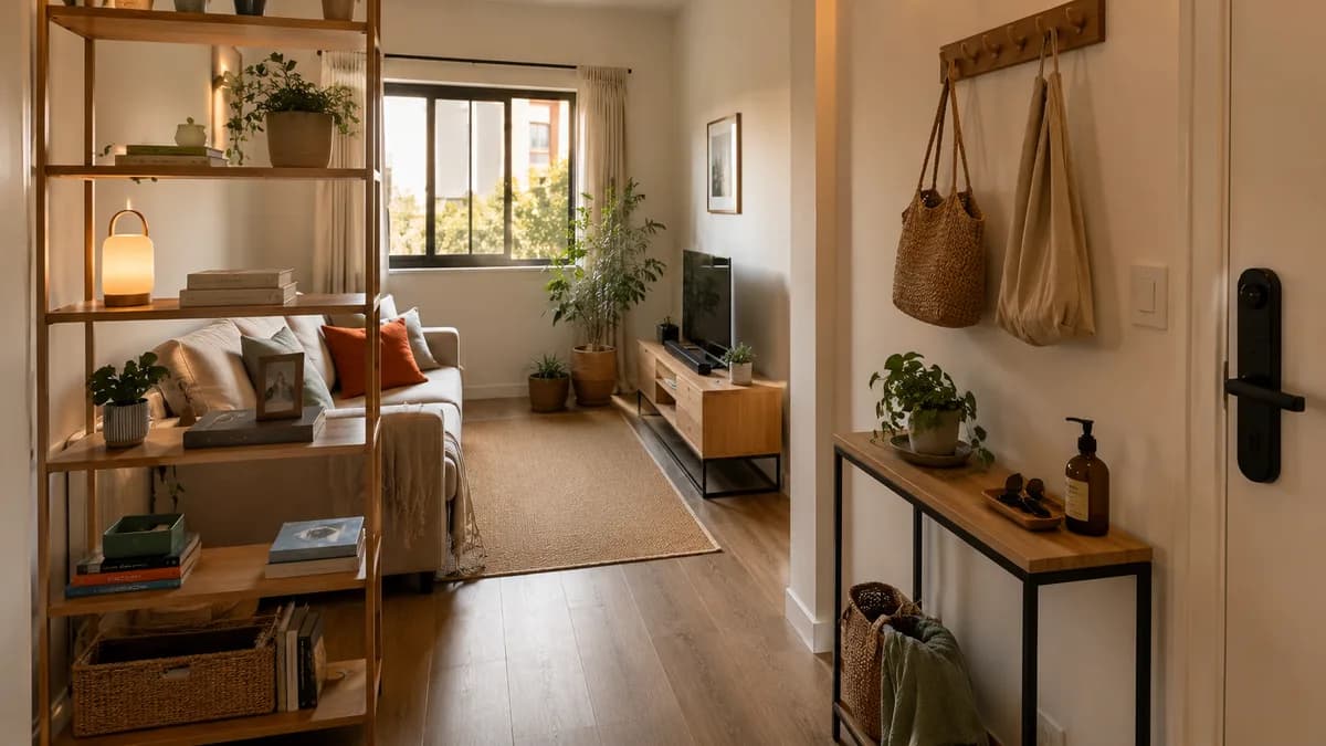 Sala de apartamento alugado organizada com soluções reversíveis sem furar parede em São Paulo