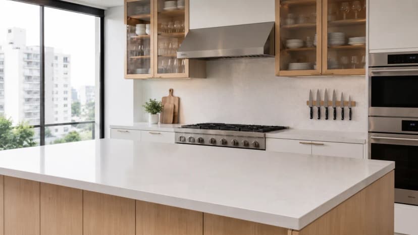 Cozinha gourmet organizada com ilha central em apartamento de São Paulo, bancada livre e utensílios na parede
