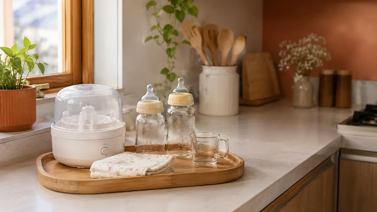 Cozinha organizada com estação de alimentação neonatal em bandeja separada dos utensílios comuns