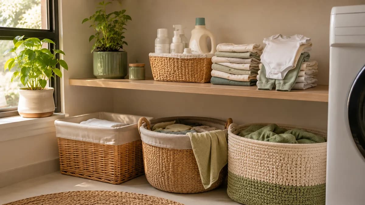 Lavanderia organizada com cestos separados para roupas do bebê e sistema de dobra mínima para pós-parto