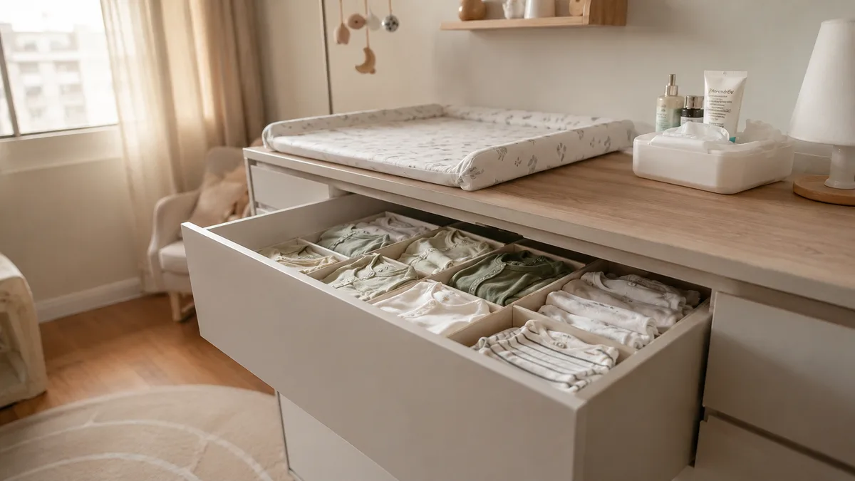 Quarto de bebê organizado com cômoda funcional e estação de troca acessível para rotina pós-parto