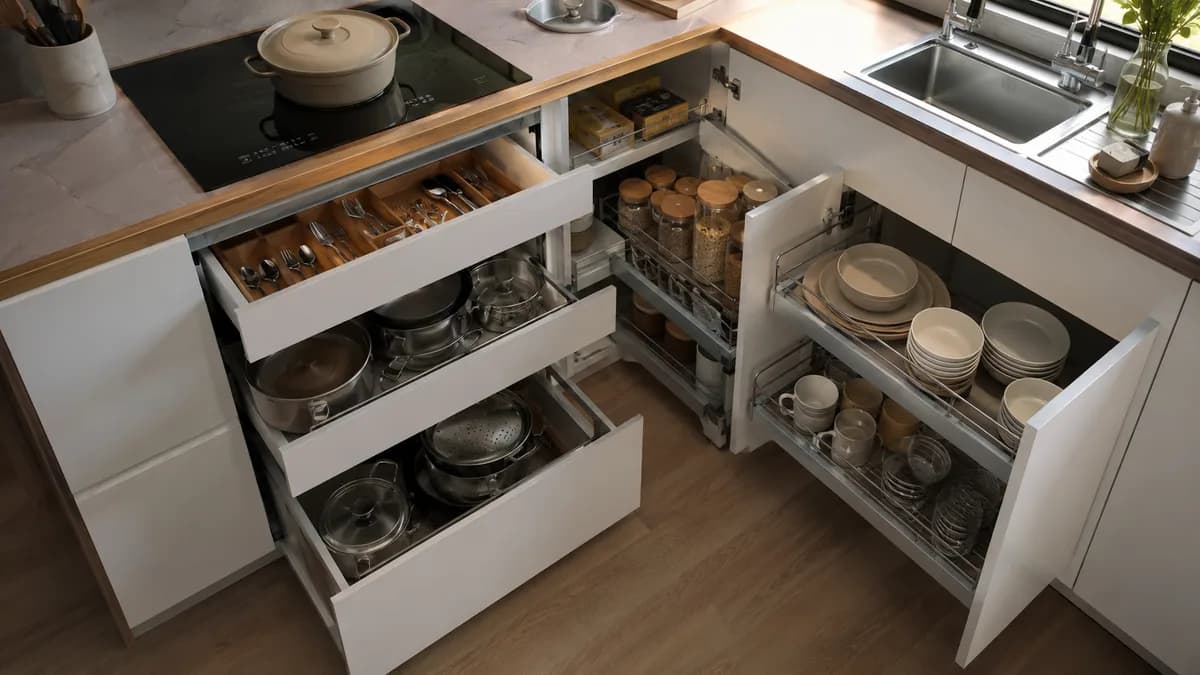 Armário planejado de cozinha após reforma com zonas de uso definidas, panelas perto do fogão e louças próximas à pia