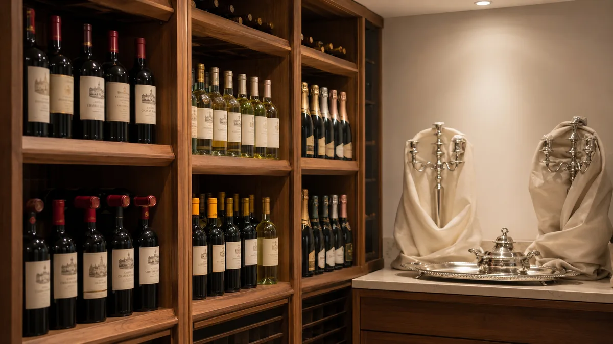 Adega doméstica organizada com coleção de vinhos por zona e objetos de prata devidamente catalogados em apartamento de alto padrão em SP