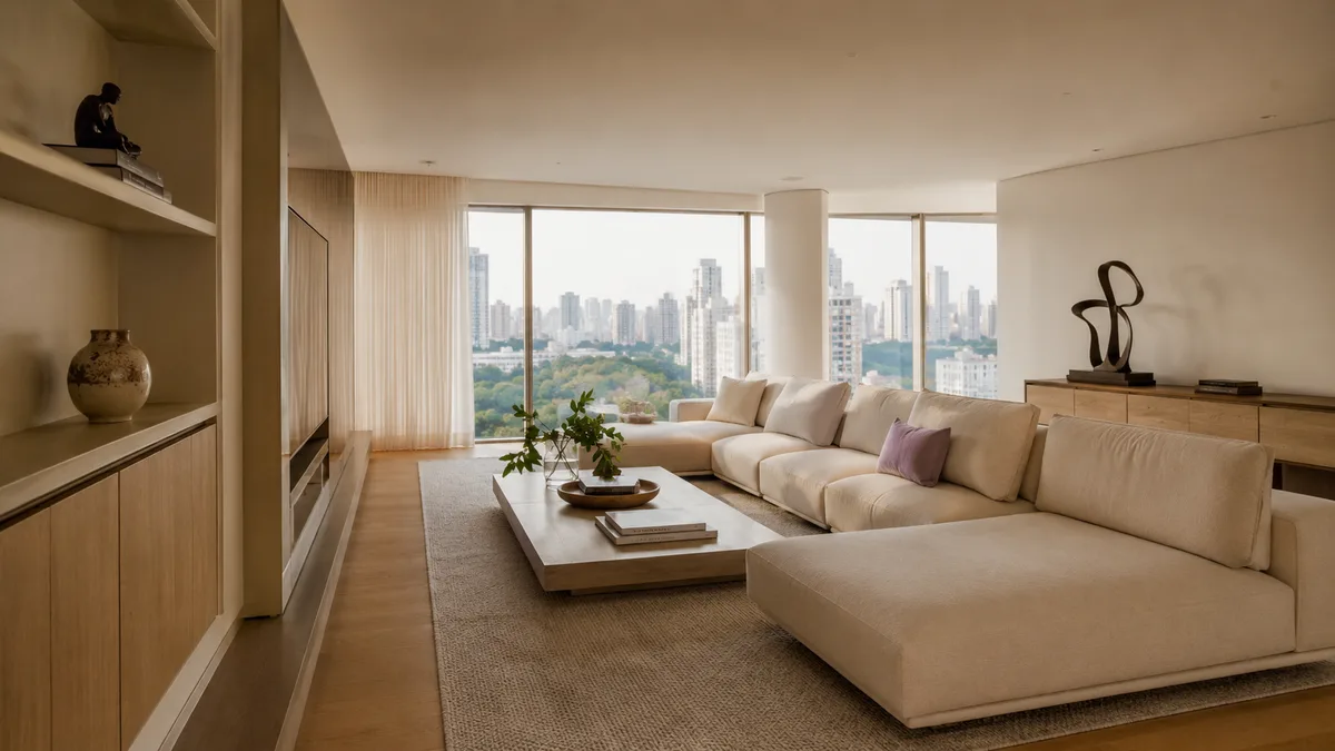 Sala de apartamento de alto padrão em São Paulo organizada com objetos de valor posicionados por zonas de uso e coleções preservadas