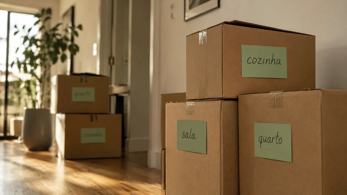Caixas de mudança organizadas por personal organizer em apartamento em São Paulo, separadas por cômodo e categoria