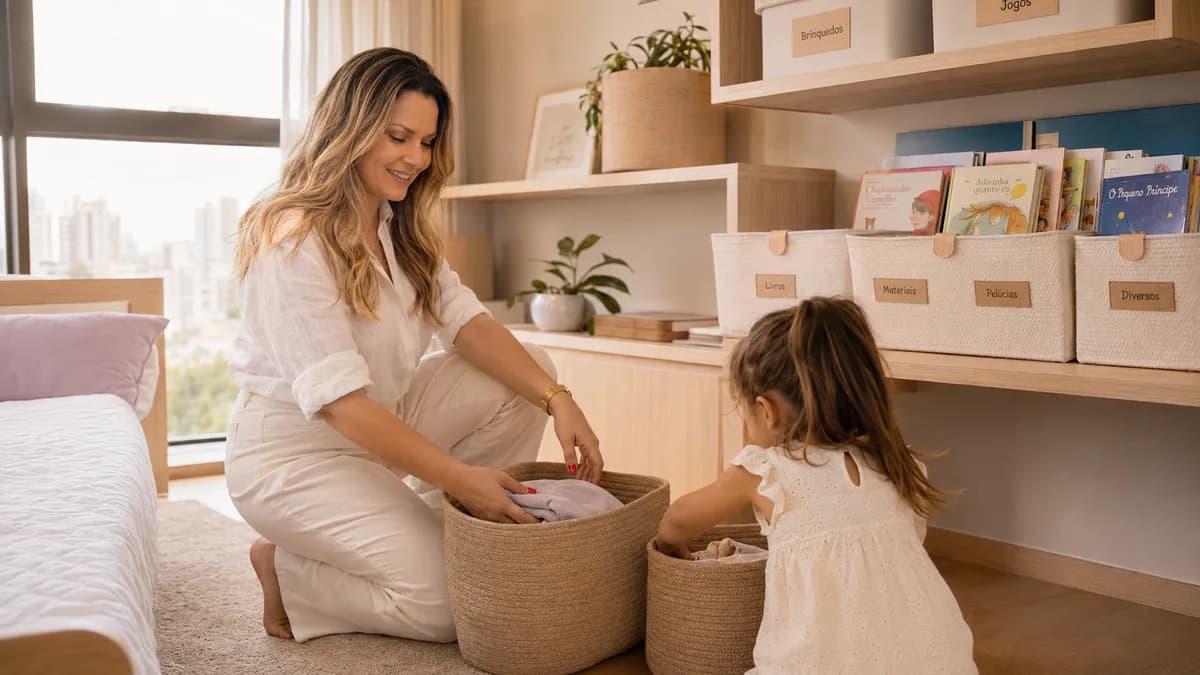 Silvana Santanna organizing a children's room by zones in a São Paulo apartment, with a child putting a toy away in a basket at her own height