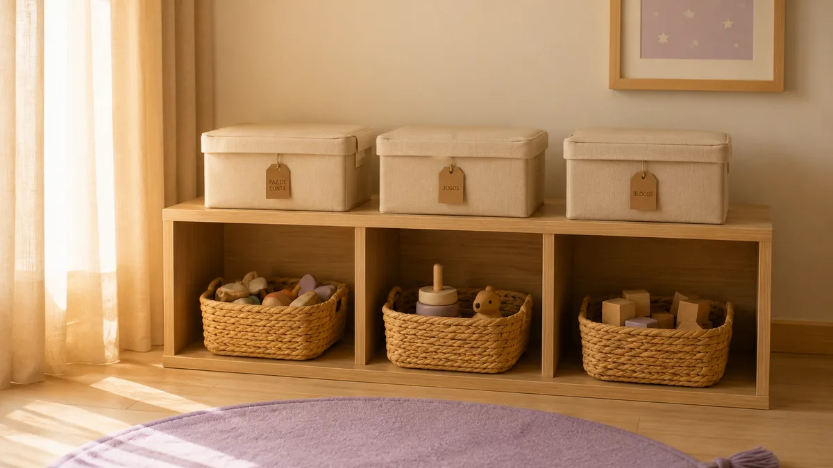 Toy rotation system with open baskets by category and closed labeled boxes in a children's room in São Paulo
