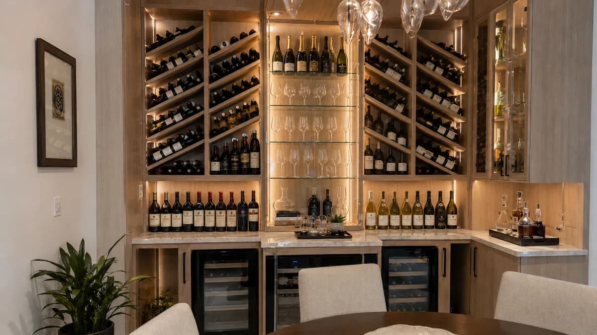 Adega-bar com garrafas de vinho em nichos diagonais iluminados, taças e frigobares, organizadas por tipo, projeto da Silvana Organizer