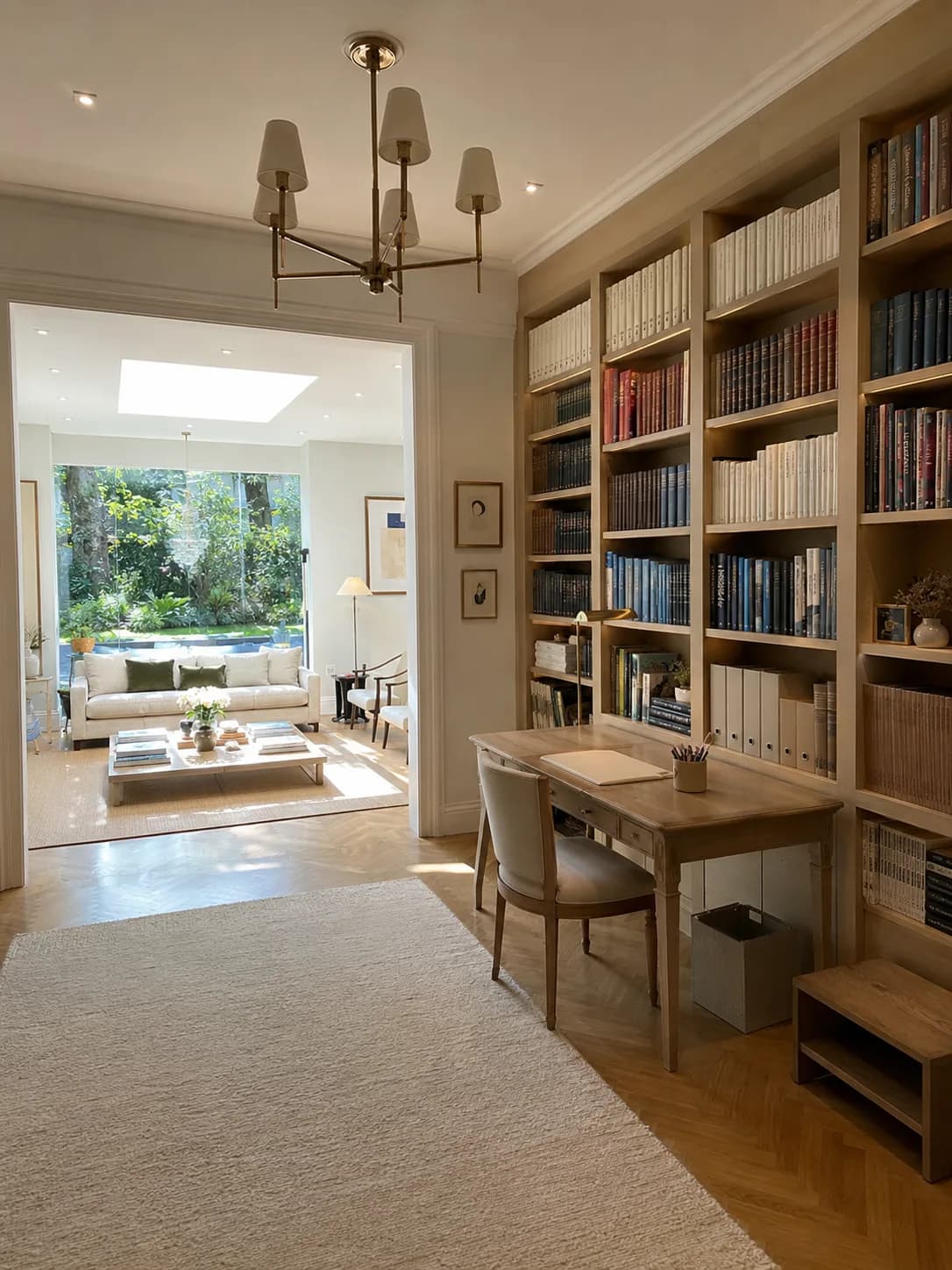 Biblioteca de parede com livros e pastas organizados por cor e escrivaninha de madeira, integrada a sala com vista para o jardim, projeto da Silvana Organizer