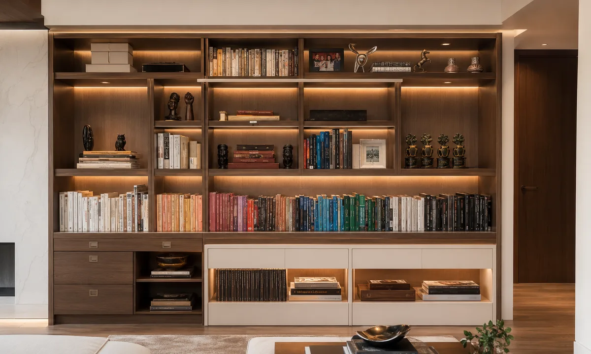 Estante de biblioteca em sala de estar com livros organizados por cor e objetos de decoração, projeto da Silvana Organizer