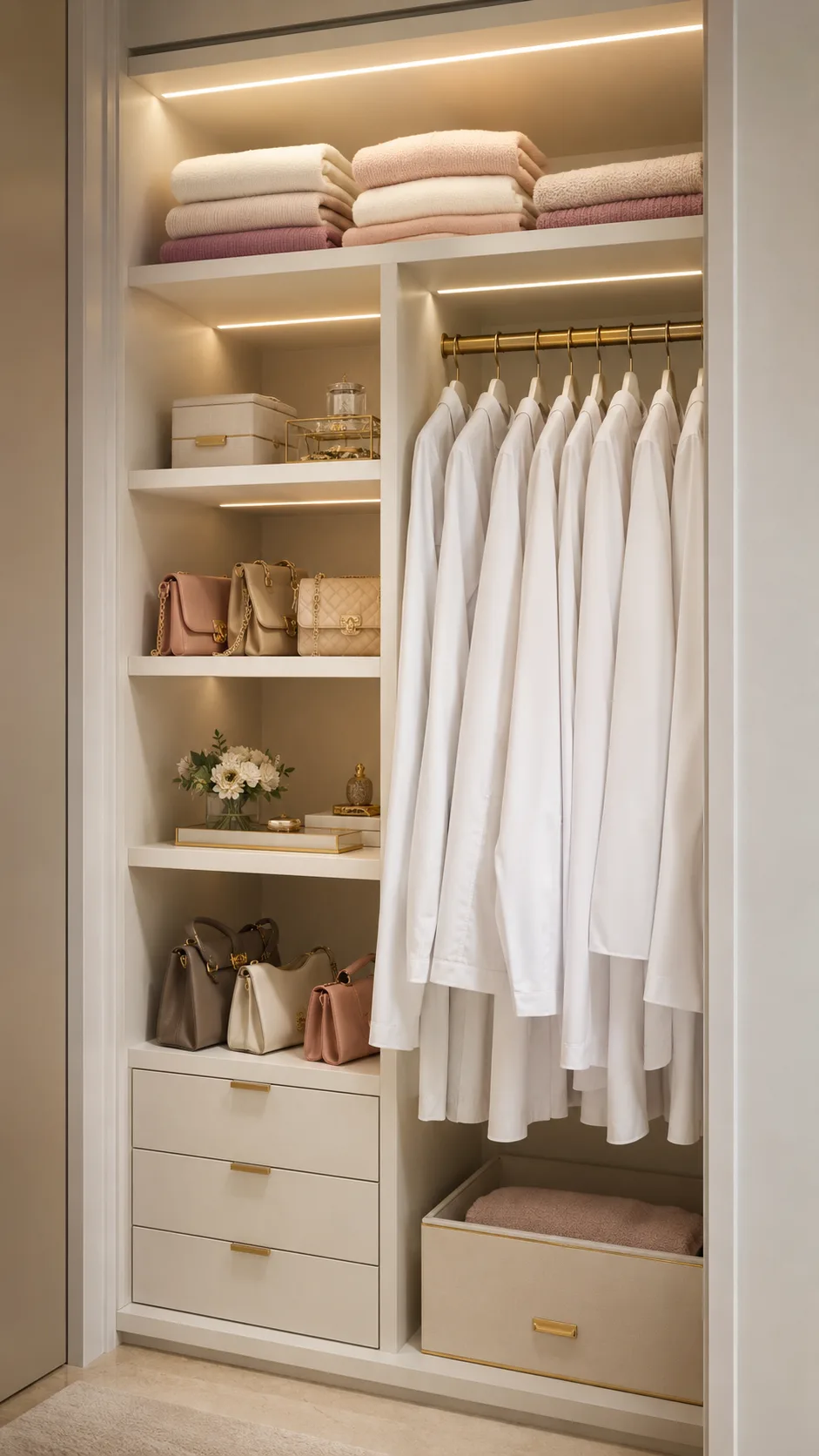 Guarda-roupa claro com camisas brancas alinhadas, bolsas e calçados organizados em prateleiras, Silvana Organizer