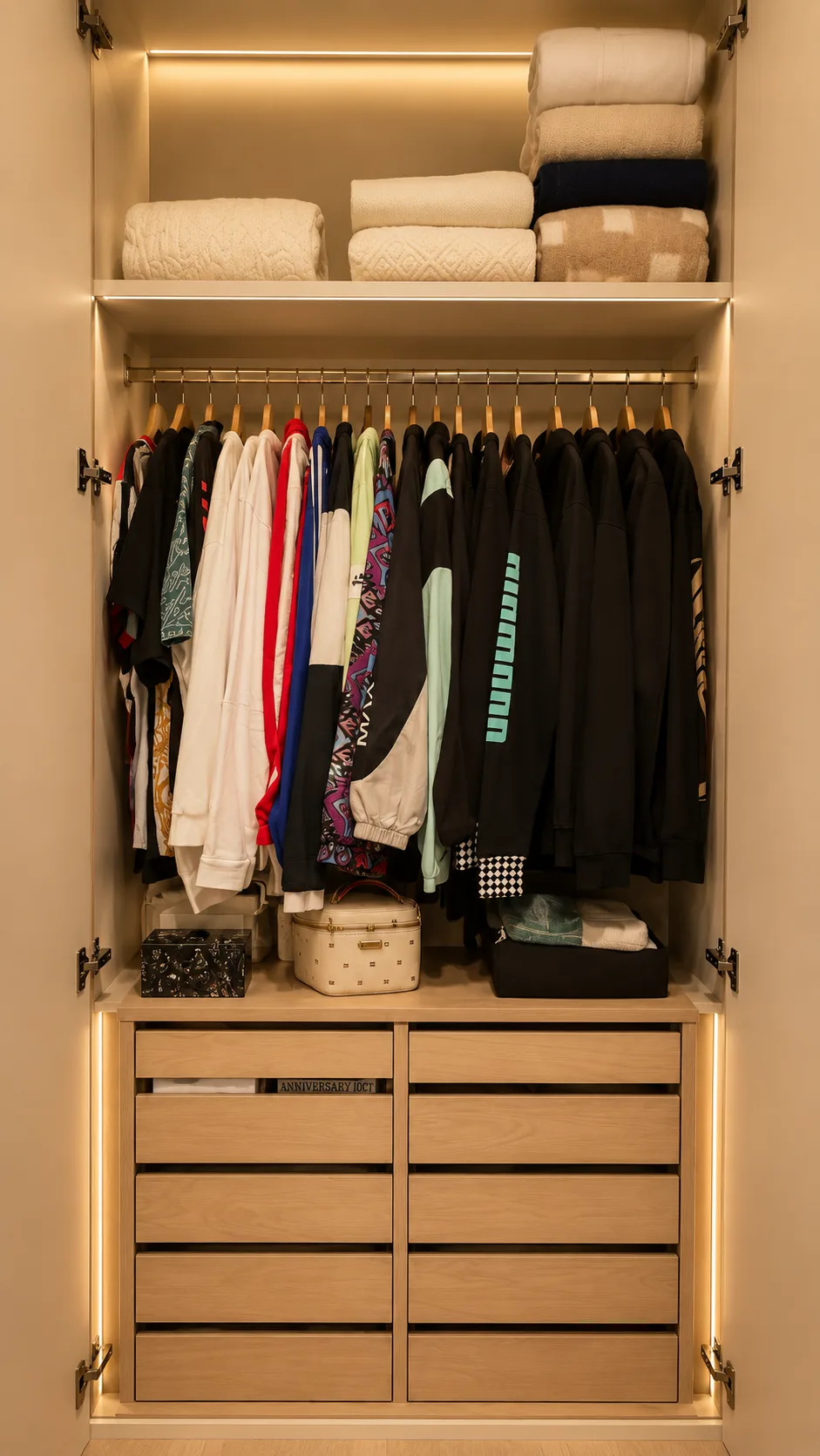 Closet compacto iluminado com cabideiro, toalhas dobradas na prateleira superior e gaveteiro, Silvana Organizer