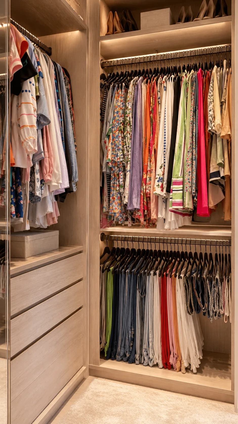Closet feminino em carvalho claro com roupas organizadas por categoria e cor, projeto da Silvana Organizer em São Paulo
