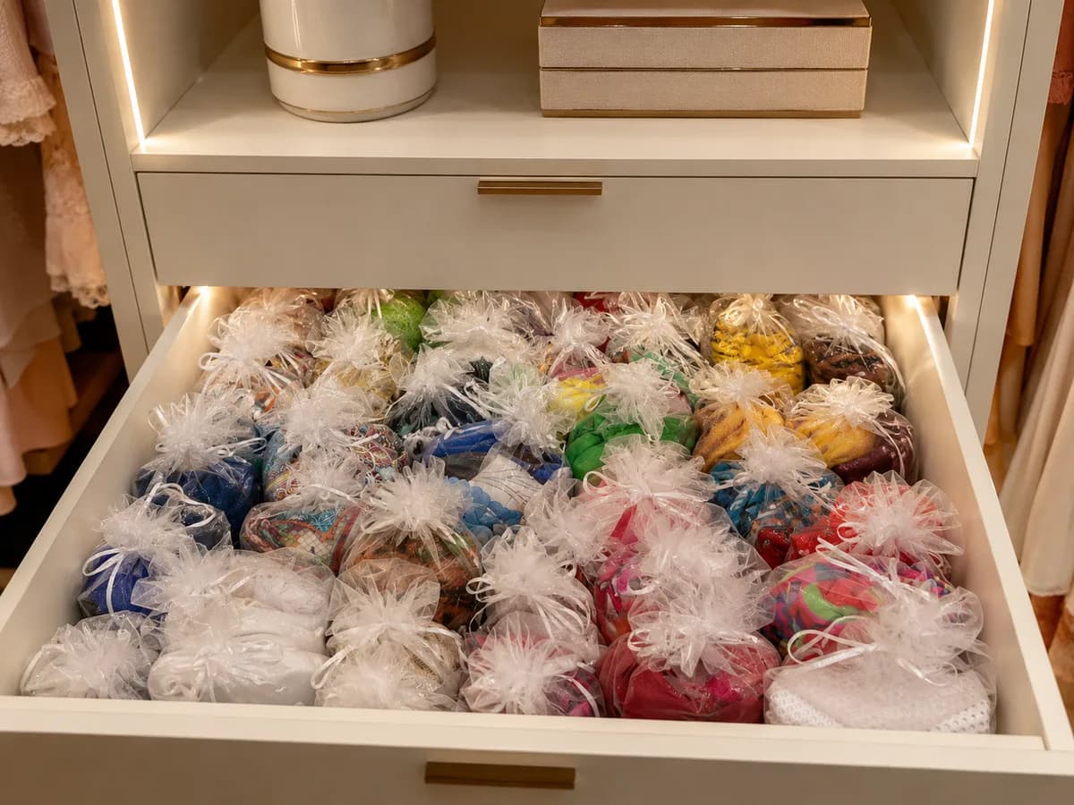 Gaveta de closet com peças delicadas protegidas em sacos de organza organizados por cor, Silvana Organizer