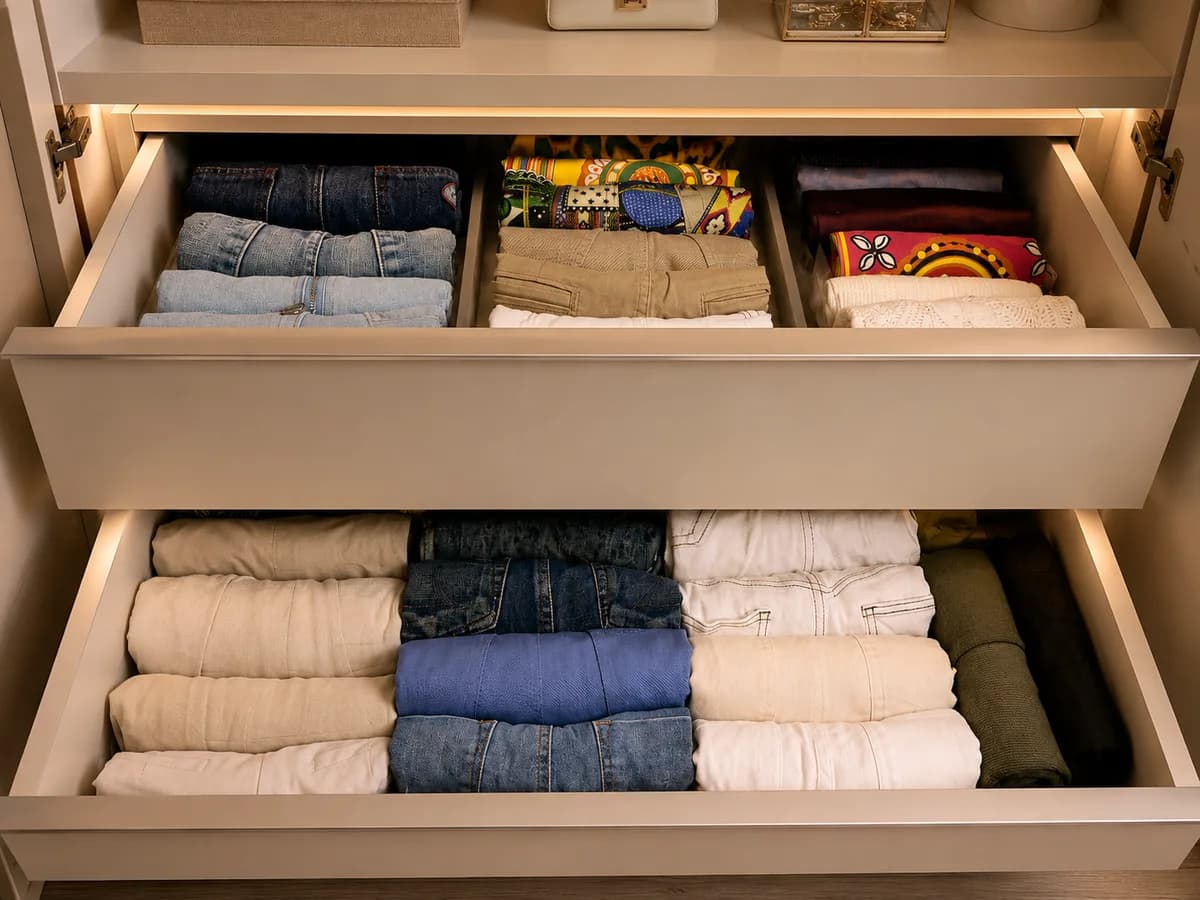 Duas gavetas de closet com jeans e malhas dobrados na vertical e organizados por cor, Silvana Organizer