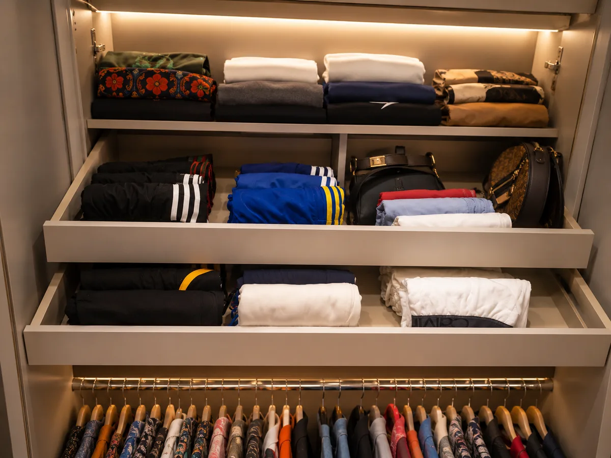 Closet masculino com prateleiras e gavetas de roupas dobradas por categoria e cabideiro inferior, Silvana Organizer