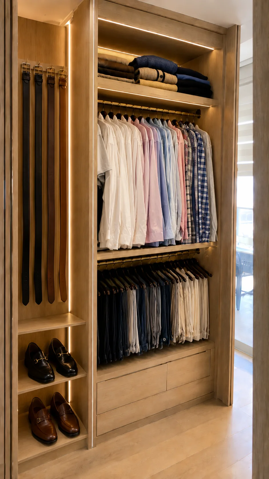 Closet masculino com camisas organizadas por cor, cintos e sapatos sociais em prateleiras com iluminação, Silvana Organizer