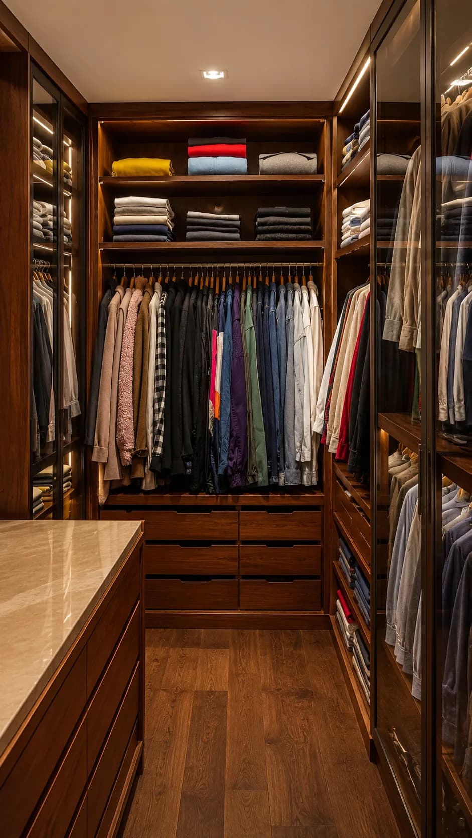 Closet master masculino em nogueira com ilha central, roupas organizadas por categoria, projeto da Silvana Organizer em São Paulo
