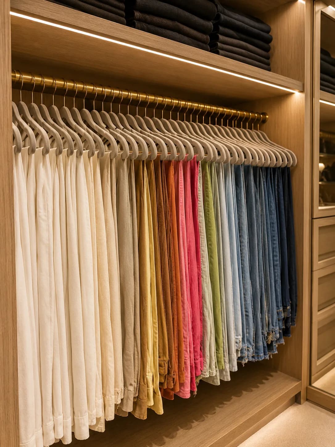 Calças penduradas em barra de latão organizadas por gradiente de cor em closet de alto padrão, Silvana Organizer