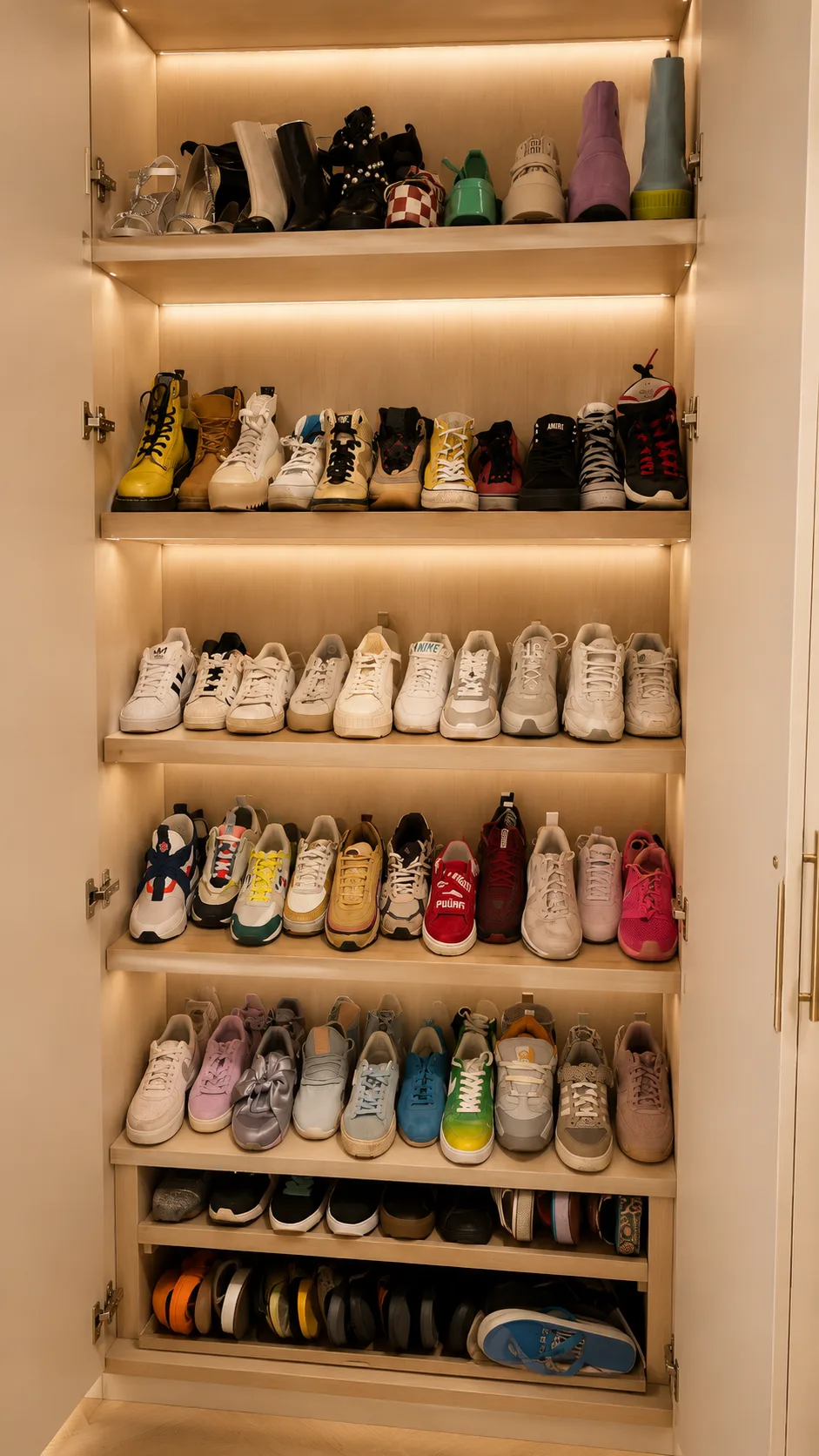 Parede de tênis e sneakers iluminada, organizada por tipo e frequência de uso em prateleiras com LED, Silvana Organizer