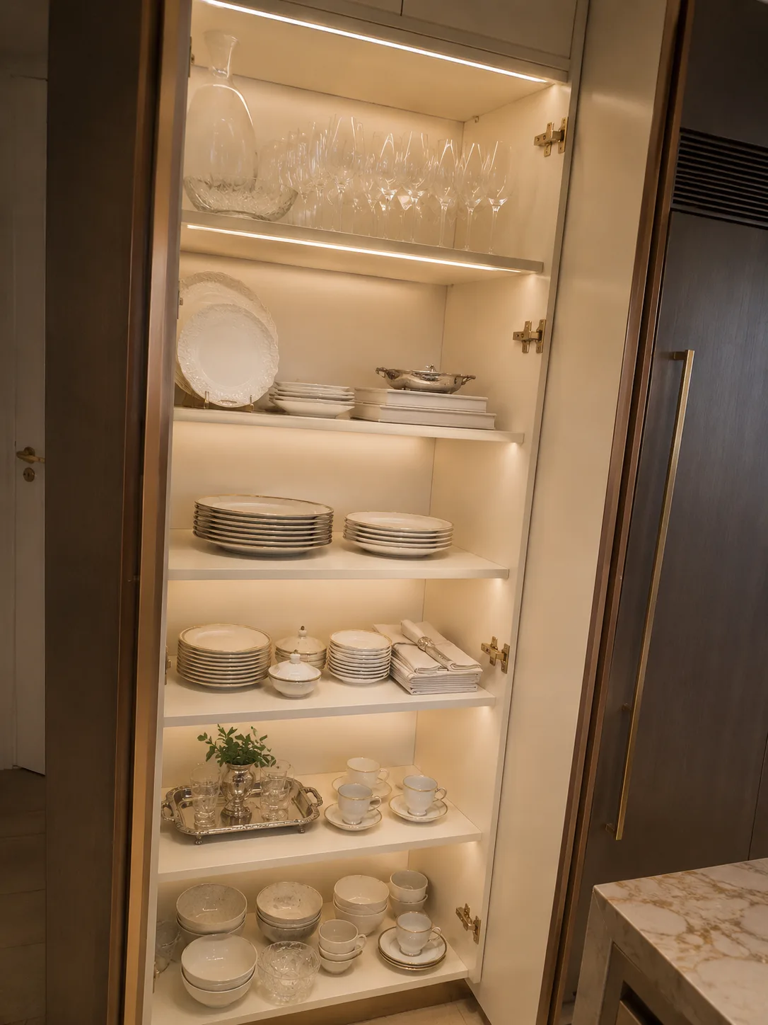 Cristaleira alta iluminada com taças, pratos e porcelana organizados por tipo, projeto da Silvana Organizer