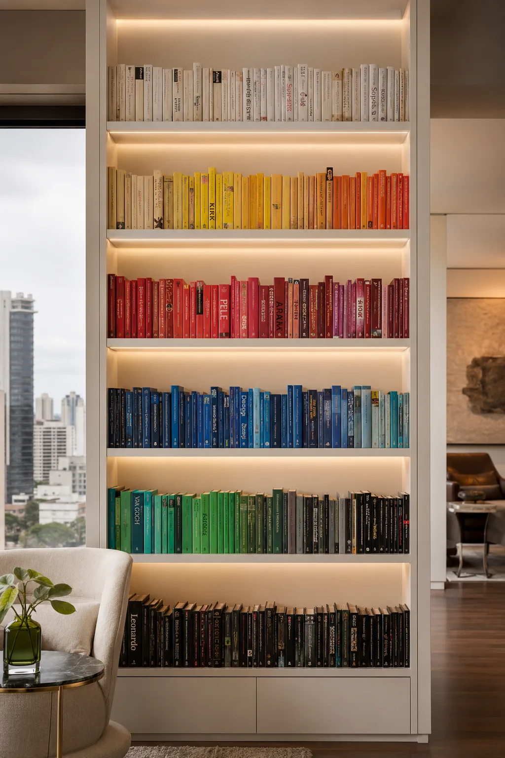 Estante embutida e iluminada com livros organizados em gradiente de cor, do claro ao escuro, projeto da Silvana Organizer