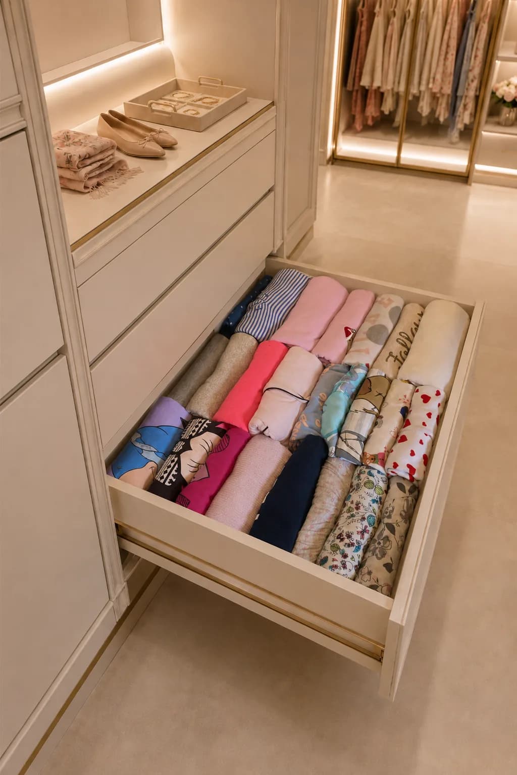 Gaveta de closet com roupas dobradas na vertical e organizadas por cor, técnica de dobra que deixa cada peça visível, projeto da Silvana Organizer em São Paulo