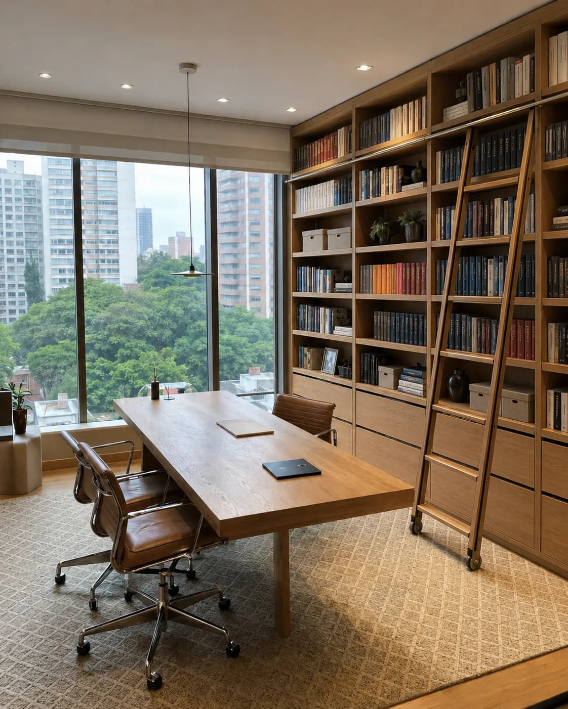 Home office integrado a biblioteca de parede inteira com escada de madeira, mesa de reunião e vista para a cidade, projeto da Silvana Organizer
