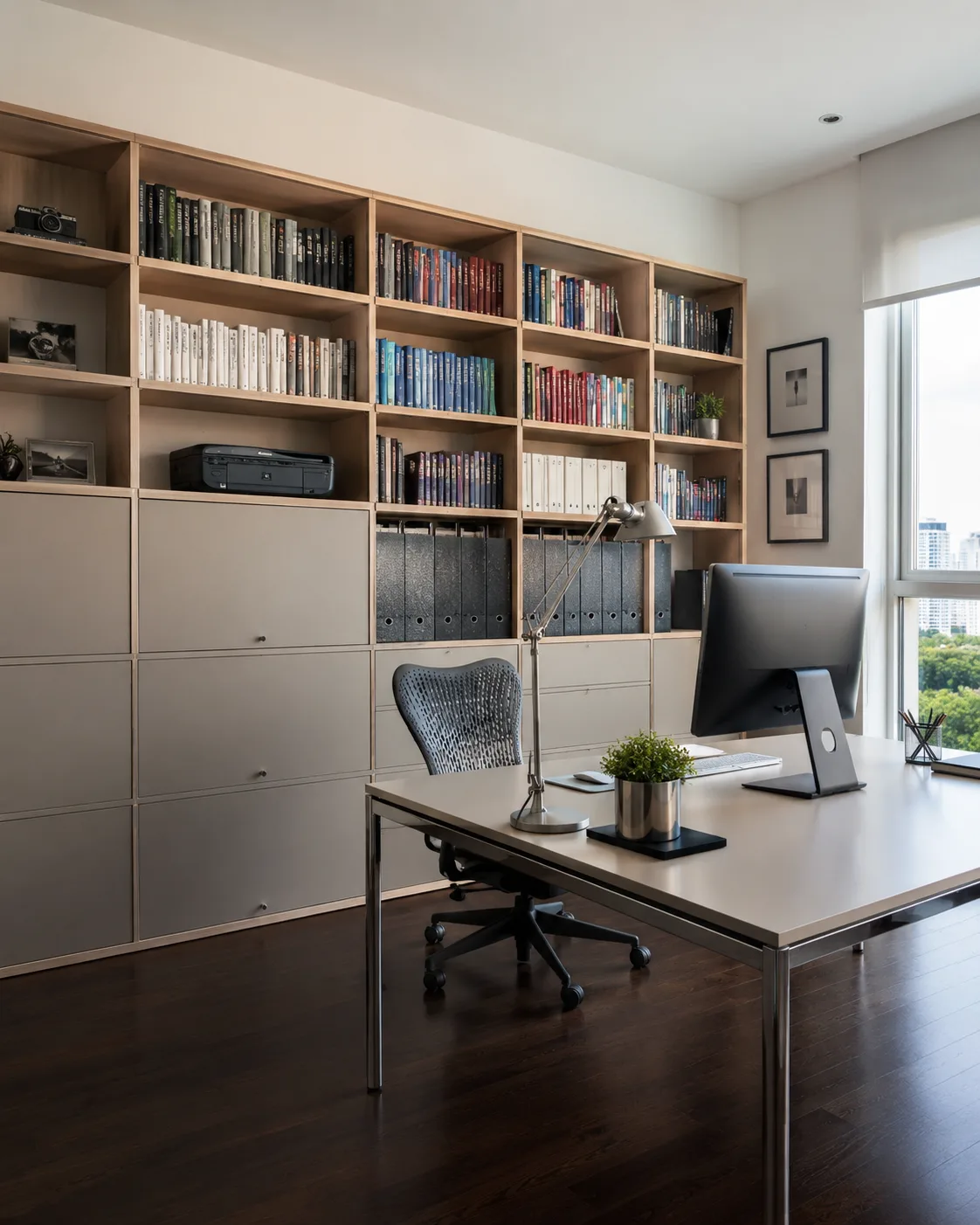 Home office com estante embutida de livros e pastas-arquivo organizadas, escrivaninha com monitor e gaveteiro, projeto da Silvana Organizer