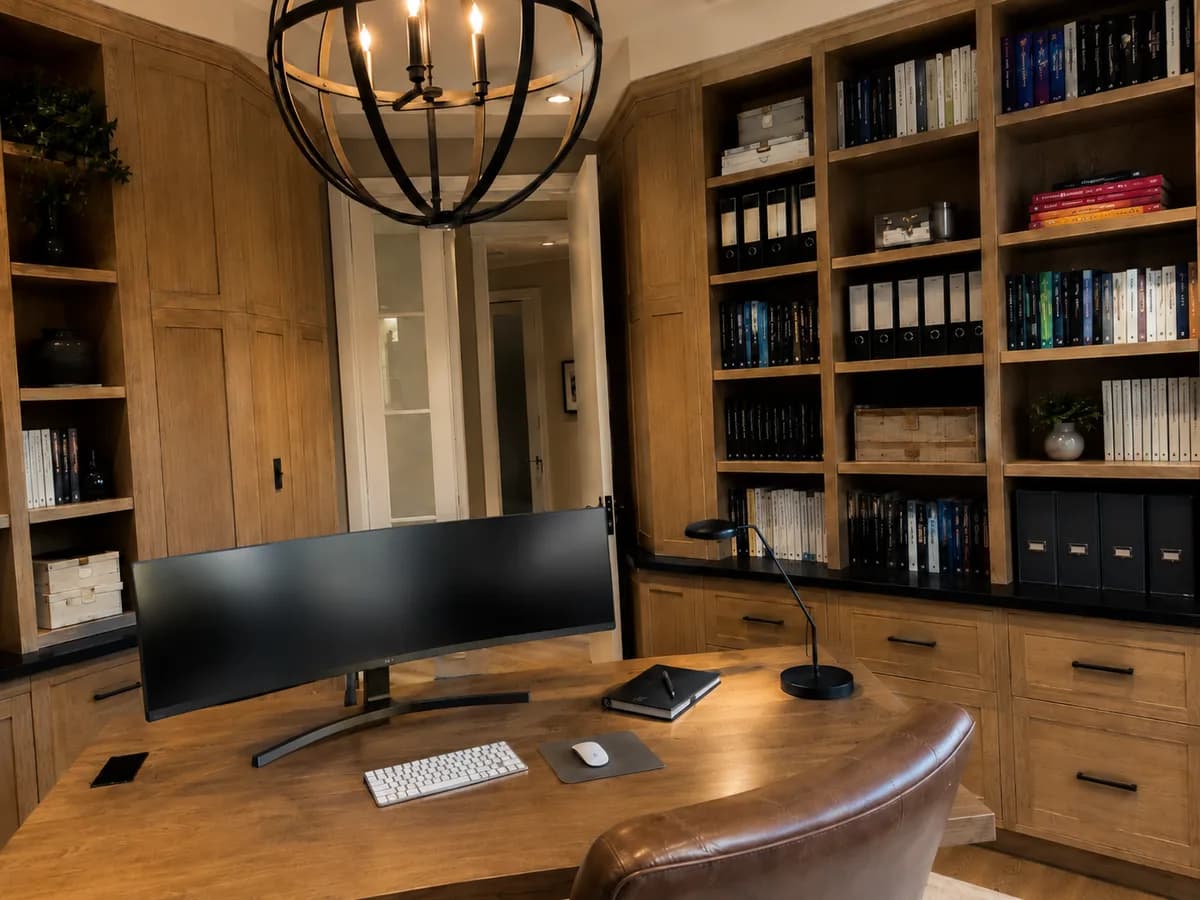 Home office em madeira com estante de livros e pastas-arquivo organizadas por cor e mesa com monitor ultrawide, projeto da Silvana Organizer