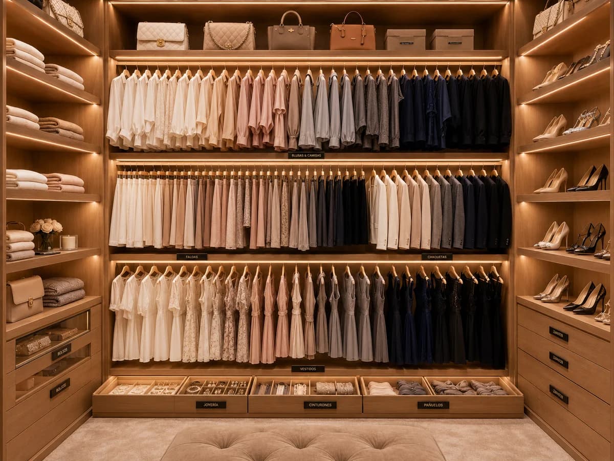 Armário organizado com roupas dobradas e separadas por categoria