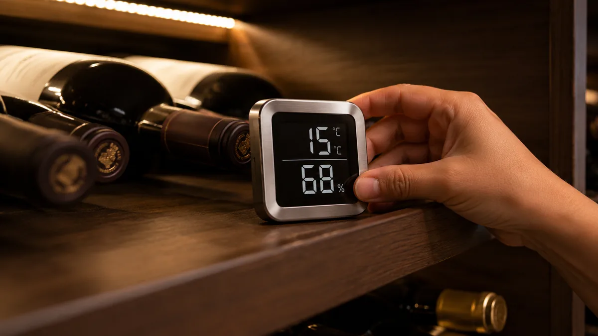 Higrômetro digital em adega doméstica mostrando temperatura de 15°C e umidade de 68%