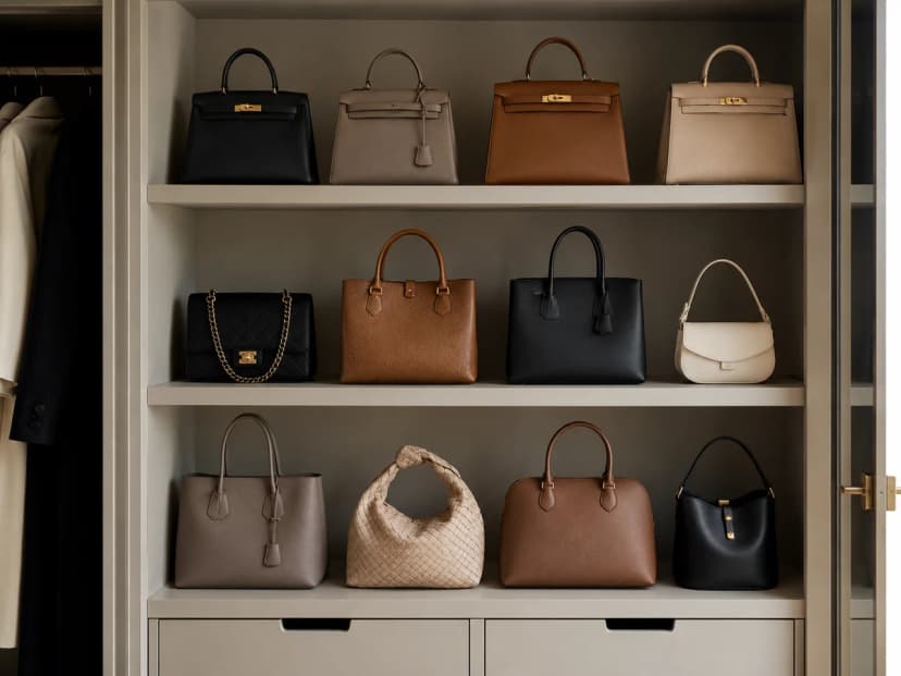 Bolsas organizadas em prateleiras abertas de closet, cada uma em pé e visível